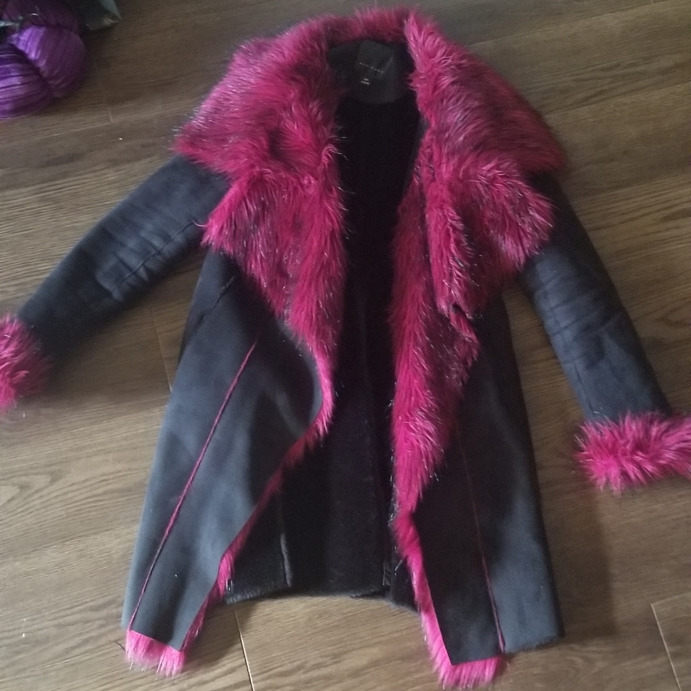 Women's Black Coat with Fuchsia Faux Fur Trim